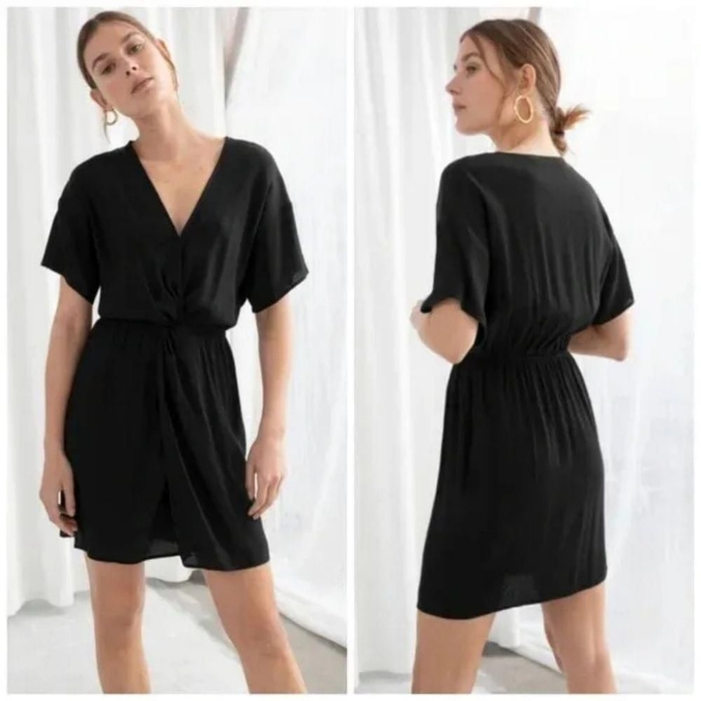 & Other Stories Twist Front Knot Black Modal Cross Front V-Neck Mini Dress-8